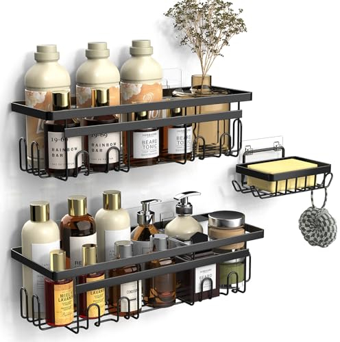 Vinabo Estantería de baño con jabón, 3 Unidades, Estante de Ducha sin perforación, Accesorio de baño antioxidante, Almacenamiento de Ducha con Ganchos, Esenciales para el Cuarto, Cocina