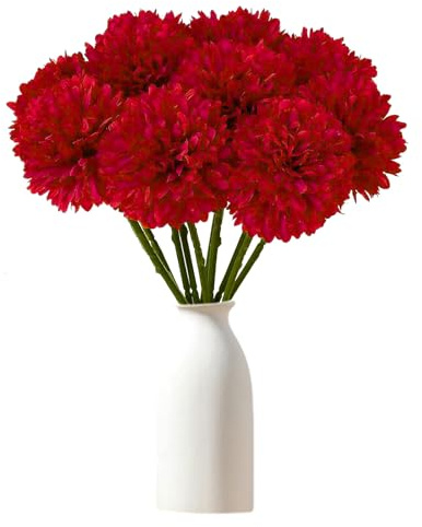 Konstgjorda hortensia blommor, 12 stycken sidenkrysantemum bollblommor, falska hortensiabukett, konstgjorda hortensior med stjälkar, för bröllopsbukett, hem, trädgård, kontor (röd)