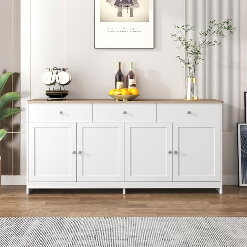 Credenza con venature del legno bianco, credenza con piano di lavoro, 4 ante, 3 cassetti, 160 x 37 x 75 cm, stile rustico per soggiorno, sala da pranzo, colore legno e bianco