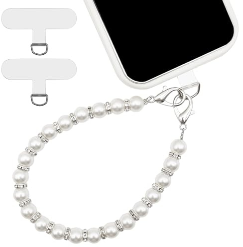 Pearl Phone Charm, Universal Cell Phone Lanyard, Beaded Smartphone Bracelet Wrist Strap with 2 Pcs Phones Patches, Cellphone Chain Wrist Strap, Cellphone Lanyard Beaded Bracelets for Women (Sliver)