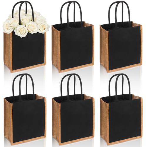 SOUJOY 6 Pack Burlap Tote Bags, Reusable Gift Tote with Handles, Black Jute Beach Bags, Canvas Grocery Shopping Tote for Bridesmaid, DIY, Shopping, Pool, Wedding Bag