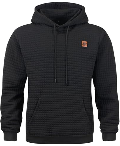 Furpazven Hoodie Herren Pullover Sweatshirt Jacquard Langarm Casual Kapuzenpullover Plaid Sweatjacke Kordelzug Kapuze mit Tasche Schwarz XXL