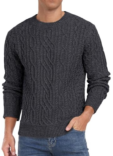 Hisir Pulls pour hommes à col rond en tricot ajouré - Pulls d'hiver à manches longues - Pulls à col rond, gris foncé, M