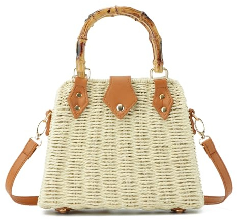EVEOUT Bolso Bandolera Ratán para Mujer Verano Boho Chic Bolsos Cesta de Mimbre Tejido con asa de Bambú para Playa Vacaciones