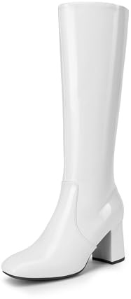 DREAM PAIRS Women's Gogo Boots Square Toe Knee High Boots,White,6.5