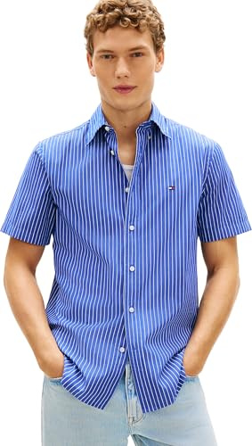 Tommy Hilfiger Camisa Hombre Flex Poplin de algodón, Multicolor (Wedge Blue/Stripe), L