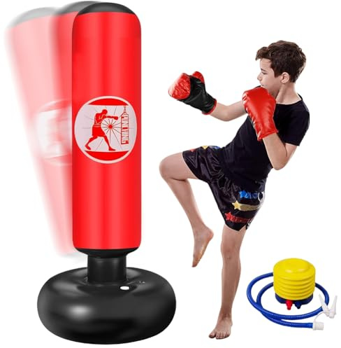Sac de frappe sur pied pour enfants de 6 à 12 ans, sac de frappe gonflable sur pied, 160 cm, cadeau pour garçons et filles pour le karaté, le kickboxing, le taekwondo, l'entraînement MMA