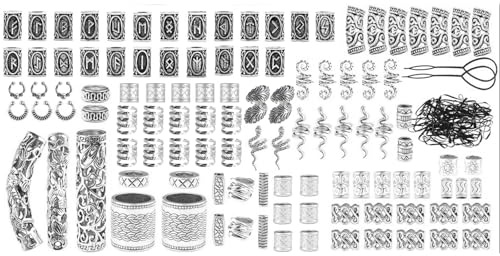 44 Pezzi Perline per Barba Vichinga e Dreadlocks, Anelli da Barba per Capelli Rune del Tubo con 2 Forcine Capelli e 50 Elastici Neri in Gomma (156)