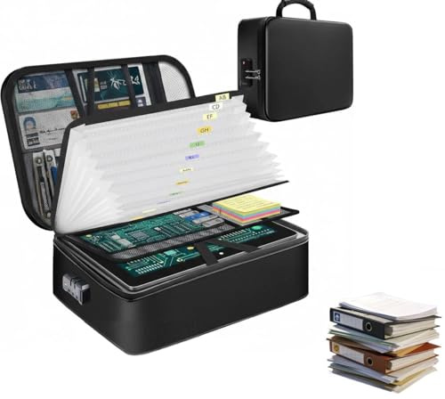 Pochette Ignifuge, Porte-Documents, Boîte de Rangement, Trieur Accordéon Imperméable avec 7 Compartiments et Serrure, Grande Capacité pour Dossiers, Certificats, Passeports & Objets de Valeur