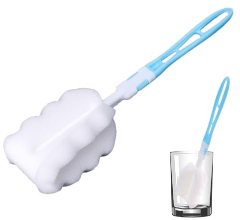 Spazzola per pulire bottiglie in spugna, testa rotante a 360°, con manico lungo, per bicchieri, pentole, tazze, cucina pulita, bottiglie d'acqua, contenitori a collo stretto