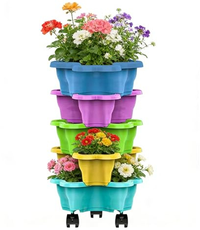 Jardinera fresas | Macetas apilables para fresas al aire libre | Torre macetero vertical 4/5 niveles con ruedas extraíbles | Macetas hierbas, flores y verduras para jardinería interior y exterior
