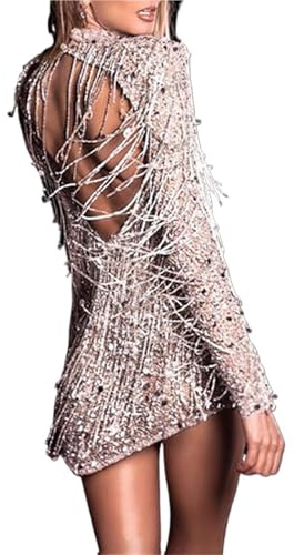 LXHZSY Robe a Frange Printemps Femmes Longue Sve col Haut Bal Gland Dr Scintillant Faionable Ele Robe de soirée(L)