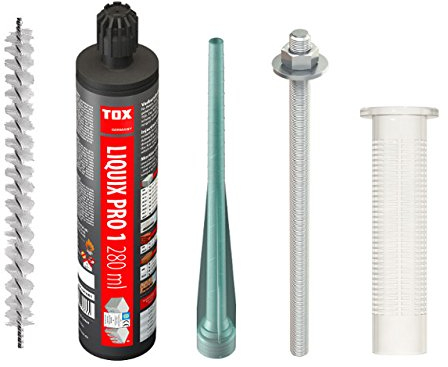 TOX Schwerlast Befestigungsset M12 Verbundmörtel Liquix Pro 1 styrolfrei 280 ml + 2 x Statikmischer + 4 x Gewindestange M12/160 + 4 x Siebhülse 20/85 + Zylinderbürste