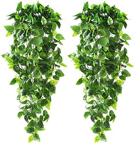 Karoro - Juego de 2 plantas artificiales colgantes de hiedra con hojas de vid falsas, para la pared de casa, el jardín, la cocina, una boda o decoración exterior, color verde intenso