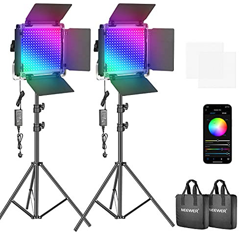 NEEWER 2 Pack 660 PRO RGB LED Video Light with App Control Tripod Stand Kit, Studio Panel Key Lighting for Gaming Streaming Zoom YouTube Webex Photography, 360° Full Color, 50W Dimmable Bi Color