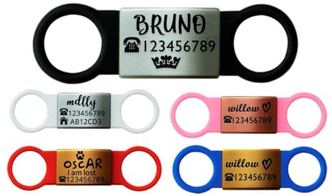 Slide On Dog Tag Silent Personalised Engraved Pet ID Tags UK Dangle-Free Identity Tag for Dog Cat Kitten Puppy Stainless Steel Elastic Silicone Collar Tag (S,Silver-Black)