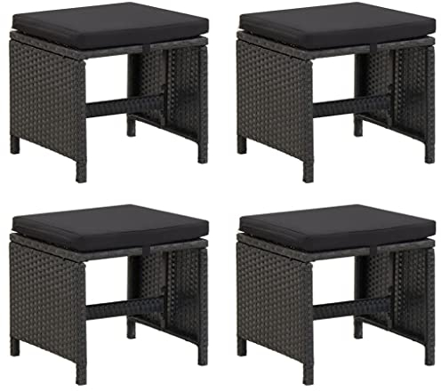vidaXL 4X Gartenhocker mit Sitzkissen Sitzhocker Fußhocker Fußstütze Fußbank Ottomane Fußablage Gartenmöbel Hocker Poly Rattan Schwarz