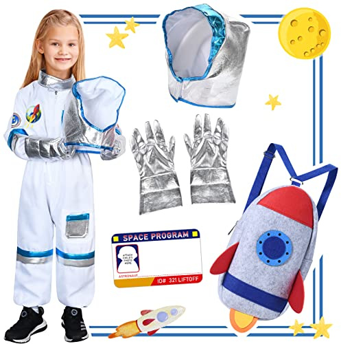 vamei Disfraz Astronauta Niño con Mono Astronauta Casco Guantes Mochila Cohete Disfraz Carnaval Halloween para Infantil (M, 5-7 Años)