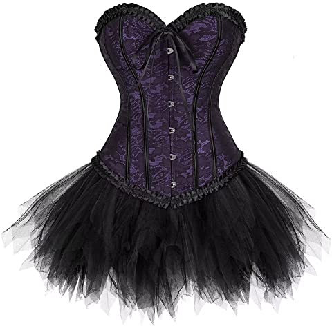 Corset Jupe Bustier Tulle Robe Set Dress Femmes Sexy Dentelle Guêpière Lingerie Grande Taille Halloween Violet S
