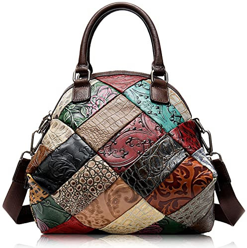 Karoukee Bunte Patchwork Handtasche für Damen, Echtem Leder Umhängetasche mit Blumenprägung, Umhängetasche, Vintage Damen Schultertasche, Einkaufstasche mit Griff oben