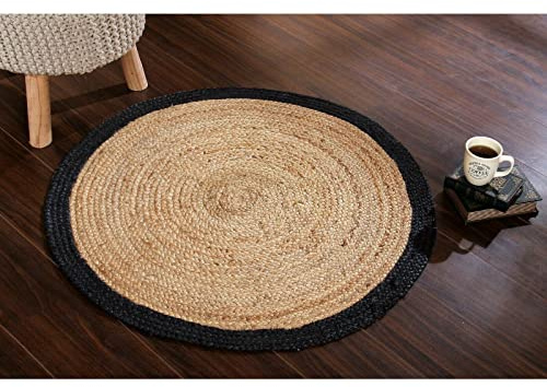 Ripaz Vogue -Jute Rug Beige with Black Border Hand Woven Farmhouse Round Area Rug for Living Room Hallway (90 x 90 Cm (3 Feet Round))
