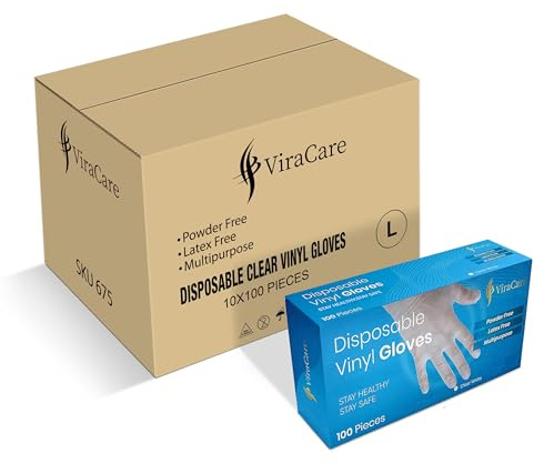 ViraCare 1000 x Disposable Gloves Large | Vinyl Gloves Disposable | Latex free gloves | Powder Free Gloves | Strong And Non-Sterile | (Large)