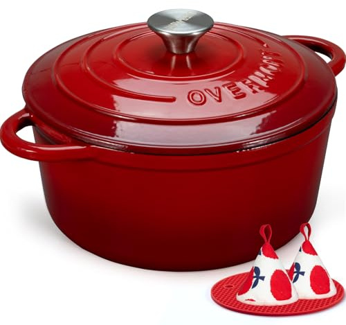 Overmont 5.5QT Enameled Cast Iron Dutch Oven with Lid Cookbook Heavy-Duty Casserole with Dual handles for Braising, Stews, Roasting, Sourdough Baking