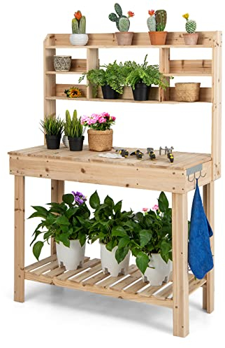 RELAX4LIFE Gartentisch Holz, Gärtnertisch mit Kippbarer Tischplatte, Pflanztisch mit 3 Stufigen Regalen & 3 Haken & Ablagen, Blumentisch für Garten Terrasse Balkon, 110 x 50 x 153 cm