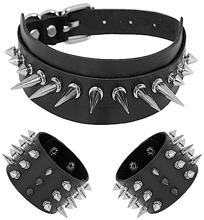 Manfnee Gargantilla de cuero con tachuelas y tachuelas de metal, estilo punk gótico, brazalete negro, 22.5 centimeters, Cuero sintético Zinc, No es una piedra preciosa