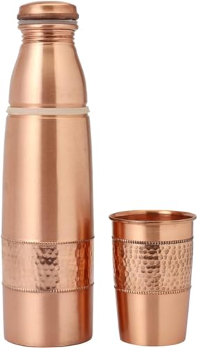 Gehämmerte Kupfer-Wasserflasche 900 ml mit Becherdeckel, reine gelenkfreie und auslaufsichere ayurvedische Kupferflasche für gesundheitliche Vorteile, Detox und tägliche Flüssigkeitszufuhr