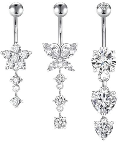 Lilbitty 3 stycken navelpiercing 10 mm silver bukpiercing kirurgiskt stål hjärta fjäril blomma hänge piercing navel smycken kvinnor