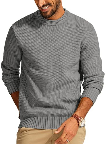 PJ PAUL JONES Jersey de punto fino para hombre, manga larga, corte regular, con cuello redondo, gris claro, XL