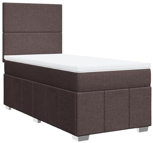 vidaXL Boxspringbett, Einzelbett mit LED Matratze Matratzenauflage, Bettgestell mit Lattenrost Kopfteil, Polsterbett Bett für Schlafzimmer, Dunkelbraun 90x190cm Stoff