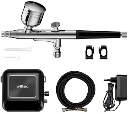 Wiltec HS-A10K Set con compressore, pistola aerografo, ugello 0,3 mm, motore 12 V, pressione max 2,8 bar, per modellismo, tatuaggi, nail art, airbrush
