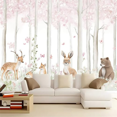 Papier Peint Intissé Scène de forêt à l'aquarelle Papier Peint Panoramique rose Tableaux Photo Muraux Utilisé Pour Salon Chambre Chambre D'Enfant Décoration Murale 350 x 256 cm