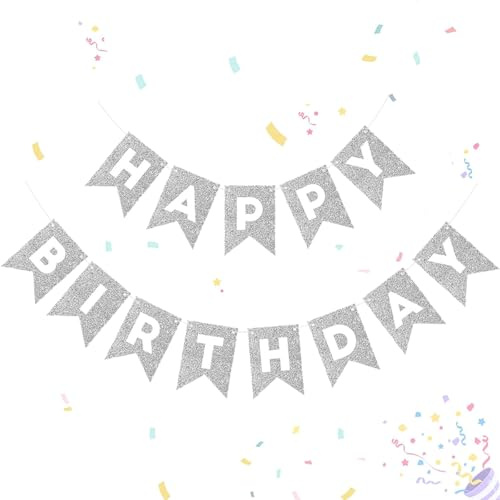 Silver Shine Happy Birthday Bunting, Kraft Paper Banner Flag for Kid Children Adult Birthday Party Decoration
