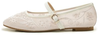 ATBELL Zapatos planos de ballet de malla bordada para mujer, punta redonda, color blanco, perla, correa de hebilla, casuales, cómodos, Mary Jane