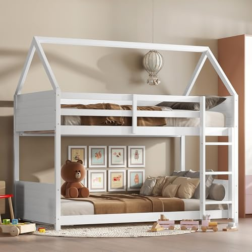 Bellemave Twin Over Twin House Bunk Bed for Kids,Floor Bunk Beds with Ladder and Guardrails,Solid Wood Twin Size Kids Bunk Bed for Girls Boys, White
