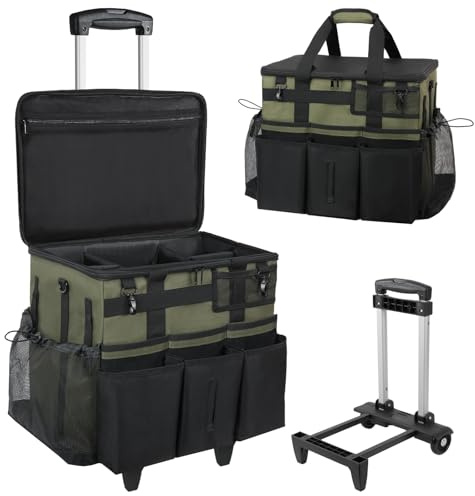 Rolling Cleaning Caddy Bag with Detachable Trolley, Large Cleaning Supplies Organizer with Wheels, Multi-Pocket Cleaning Cart with Adjustable Shoulder Strap for Housekeepers & Home Use, Armygreen