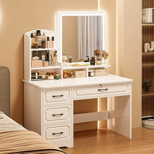 Sminkbord med justerbar LED-spegel, sminkbord med förvaringslåda och öppen hylla, sminkbord för sovrum, toalettbord, möbler, flickor gåvor