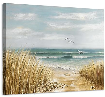 ARTISTIC PATH Seashore Artwork Coastal Wall Art: Abstract Beach Art Painting Print on Wrapped Canvas for Room Decoration (24 W x 18 H,Multi-Sized)