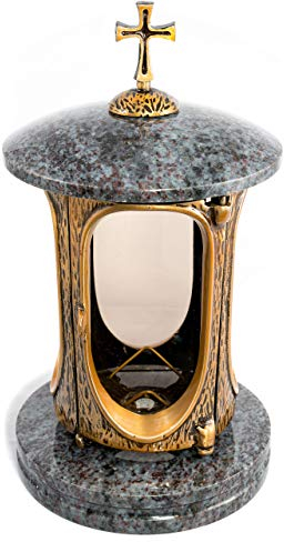 Afterglow Élégante lanterne funéraire Elégant avec croix en granit Orion foncé Hauteur 27 cm Diamètre 15 cm Lanterne funéraire Lanterne en granit Bronze avec socle Décoration funéraire