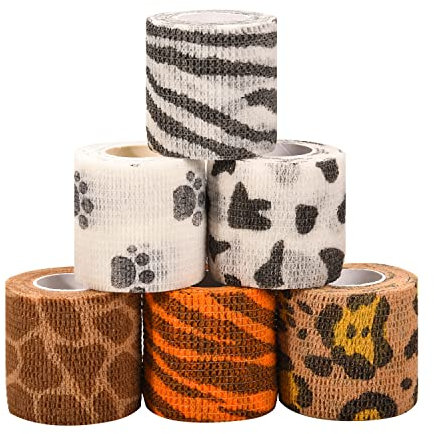 Geviro Lot de 6 rouleaux de bandage cohésif pour animal domestique - Imprimé pattes de léopard - Non tissé - Élastique et respirant - Pour blessures au poignet, aux chevilles et aux gonflements