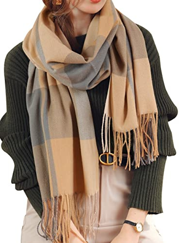 Baynetin Bufanda De Lana para Mujer,Manta De Abrigo Suave, Chal De Tartán De Pashmina, con Borla, Gruesa, Cálida, Suave, Grande, para Otoño e Invierno (Amarillo Gris)