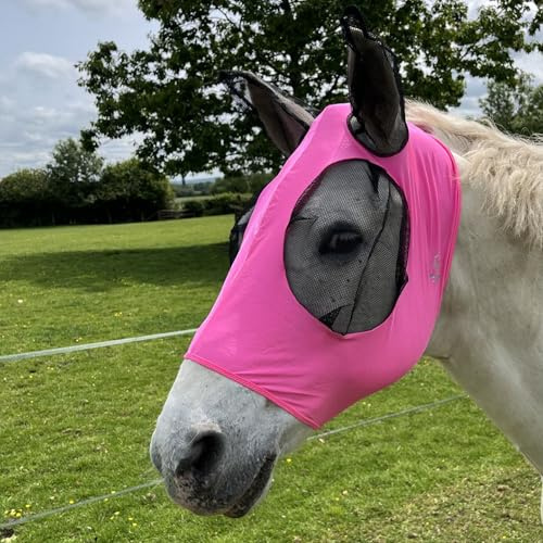 Ruggles Pull On Lycra Fly Mask for Horse And Pony | Mesh Eyes and Ears | 4 Way Stretch for Ultra Comfort No Buckles or Straps (XS, Bright Pink)