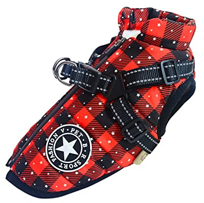 BT Bear Manteau d'hiver chaud avec harnais pour chiens de petite et moyenne taille - Veste de Noël pour chiens, gilet réfléchissant réglable imperméable pour chiot, vêtements d'hiver froid (Grid, S)