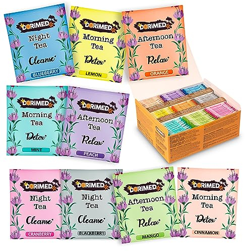 Dorimed Assortiment de thé - Coffret cadeau - Thé bien-être (100 % naturel, sans sucre, sans gluten et sans OGM) - 100 sachets, 9 saveurs - 3 purifiants, 3 détox, 3 relaxants - amincissant