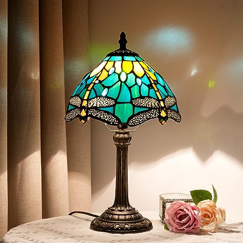Blivuself Lampada da tavolo in vetro colorato in stile Tiffany, libellula, verde, giallo, camera da letto, comodino, scrivania, luce per ufficio, dormitorio, bar, ristorante, decorazione retrò, unica,