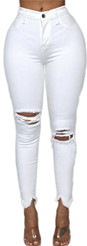 Womens Jeans Skinny Stretch Ripped Hole Black Jeans for Ladies UK Slim Fit Pants with Rips Waist Casual Trousers Denim Pants Wide Leg Slim Pencil Cropped Destroyed,White (White,M,M)