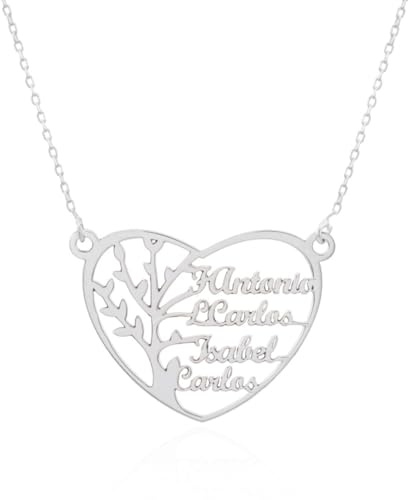 Collar Personalizable Árbol de la Vida con nombres para Mujer Personalizado, con cadena Rolo de 40cm + Alargador. Gargantilla ideal para regalar a madres o abuelas. (Corazón hasta 6 Nombres)